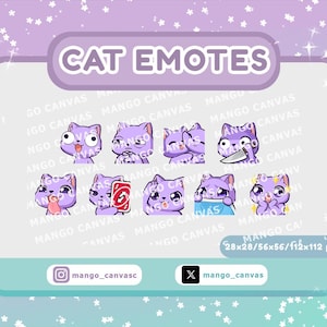 May include: A digital sheet of nine purple cat emotes labeled CAT EMOTES, featuring various expressions including a cat holding a knife, a cat with a red reverse card, and a cat with wide eyes. The sheet includes dimensions 28x28/56x56/112x112 px.