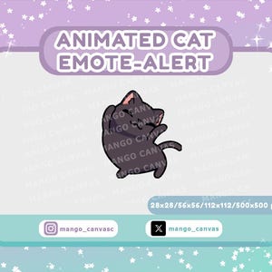 以下が含まれることがあります： アニメーション化された猫の絵文字アラートグラフィック。ピンクの内耳と曲がった尻尾を持つ濃い灰色の漫画の猫が描かれています。テキストには「ANIMATED CAT EMOTE-ALERT」、「28x28/56x56/112x112/500x500 px」、「mango_canvas」と書かれています。