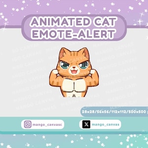 Puede incluir: Pegatina digital animada de un gato naranja de dibujos animados flexionando sus músculos. El gato tiene una expresión decidida en su rostro. La pegatina está disponible en varios tamaños, incluyendo 28x28 píxeles, 56x56 píxeles, 112x112 píxeles y 500x500 píxeles. El texto "mango_canvas" es visible en la esquina inferior derecha de la imagen.
