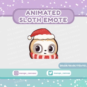 May include: Animated Christmas sloth emote with a red and white striped scarf and a red Santa hat. The emote is available in 28x28, 56x56, and 112x112 pixel sizes.
