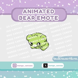May include: A lime green animated bear emote with black eyes and a white belly, set against a gradient blue and purple background with white stars. The text "ANIMATED BEAR EMOTE" is in a purple banner. The image is 28x28/56x56/112x112 px.