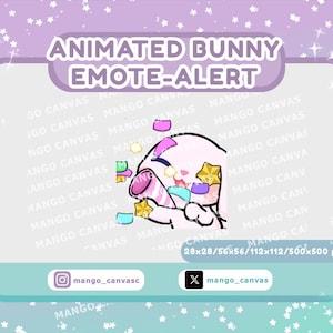 Puede incluir: Gráfico digital con un conejo rosa animado, adornado con estrellas y confeti. El texto "ANIMATED BUNNY EMOTE-ALERT" se muestra. La imagen incluye identificadores de redes sociales y especificaciones de tamaño.