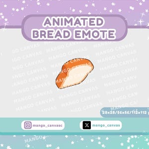 May include: Animated bread emote graphic. The image features a cartoon bread slice with a golden-brown crust and a creamy interior. The text "ANIMATED BREAD EMOTE" is displayed above the bread. The image includes social media handles and pixel dimensions.