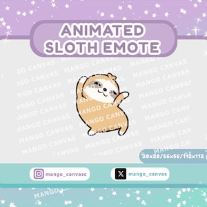 May include: Animated sloth emote, light brown in colour, waving a hand. The image has a purple and teal background with the text "ANIMATED SLOTH EMOTE". Includes social media handles and pixel dimensions.