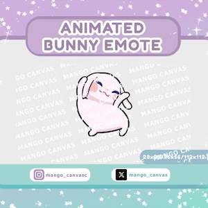 May include: An animated bunny emote illustration with the text "ANIMATED BUNNY EMOTE". The bunny is light pink with a happy expression and is waving. The background is a gradient of blue and purple with stars.