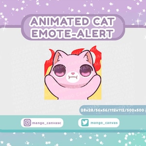 Op de afbeelding: Een roze geanimeerde katten-emote met vlammen, getiteld "ANIMATED CAT EMOTE-ALERT". De kat heeft grote ogen en is omgeven door rode en gele vlammen. De afbeelding bevat social media handles en pixelafmetingen.