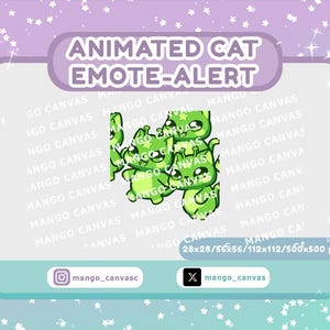 以下が含まれることがあります： アニメーション化された緑色の猫の絵文字アラートグラフィック。画像には、大きな目と星型のマークが付いた、緑色の猫のような生き物のスタックが表示されます。上部のテキストは「ANIMATED CAT EMOTE-ALERT」と表示されています。