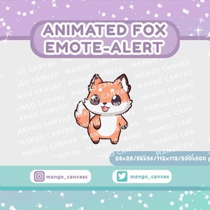 May include: An animated fox emote-alert graphic with a cute orange fox character. The graphic includes the text "ANIMATED FOX EMOTE-ALERT" and social media handles. The background is a gradient of purple and teal.