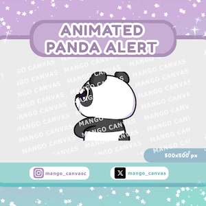 Pode incluir: Gráfico de alerta de panda animado com um panda preto e branco. O texto "ANIMATED PANDA ALERT" está em branco sobre um fundo roxo. O gráfico tem 500x500 px.