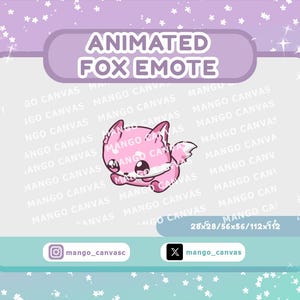 May include: A pink animated fox emote with large eyes and a small smile. The text "ANIMATED FOX EMOTE" is at the top. The image includes social media handles and size dimensions. The background is a gradient of purple and teal with stars.