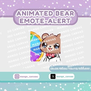 May include: An animated bear emote-alert graphic with the text "ANIMATED BEAR EMOTE-ALERT". The bear is brown with a red bow tie and a white shirt. The graphic includes social media handles and pixel dimensions.