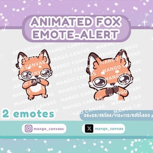 Peut inclure: Deux émoticônes de renard animées représentant un renard de dessin animé avec de grands yeux et une fourrure orange. Le texte indique ANIMATED FOX EMOTE-ALERT, 2 emotes, 28x28/56x56/112x112/500x500 px, mango_canvasc et mango_canvas. Fond dégradé violet.