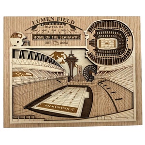 Lumen Field - Home of Seattle Seahawks Football - Layered Wooden Stadium Replica with Seattle Skyline