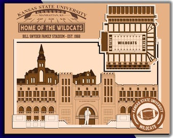 Bill Snyder Family Stadium - Home of Kansas State Wildcats Football - Layered Wooden Stadium Replica with Manhattan Campus Skyline