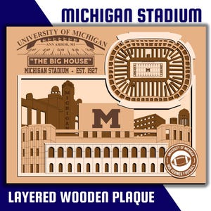 Michigan Stadium - &quot;The Big House&quot; - Home of Michigan Wolverines Football - Layered Wooden Stadium Replica with Ann Arbor Skyline