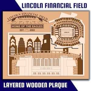 Lincoln Financial Field - Home of Philadelphia Eagles Football - Layered Wooden Stadium Replica with Philadelphia City Skyline