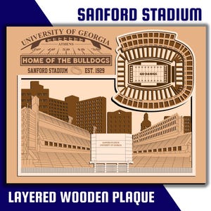 Sanford Stadium - Home of Georgia Bulldogs Football - Layered, Wooden Replica Stadium with the U. of Georgia Campus Skyline