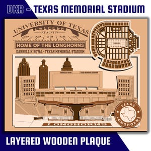 Texas Memorial Stadium - Darrell K Royal Field - Home of the Texas Longhorns - Layered Wooden Stadium with Austin Skyline