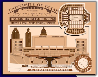 Texas Memorial Stadium - Darrell K Royal Field - Home of the Texas Longhorns - Layered Wooden Stadium with Austin Skyline