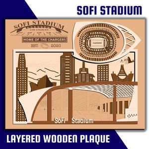 May include: A layered wooden plaque depicting SoFi Stadium, home of the Los Angeles Chargers. The plaque features a detailed illustration of the stadium, including the field, seating, and surrounding cityscape. The text "SOFI STADIUM" is prominently displayed at the top of the plaque, along with the team's name and the year it was established.