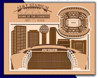 AT&T Stadium - Home of the Dallas Cowboys- Layered Wooden Stadium with Dallas Skyline