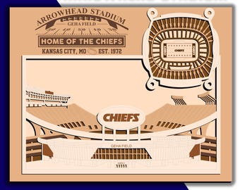 Arrowhead Stadium - Home of the Kansas City Chiefs Football - Layered Wooden Stadium Replica with Kansas City Skyline