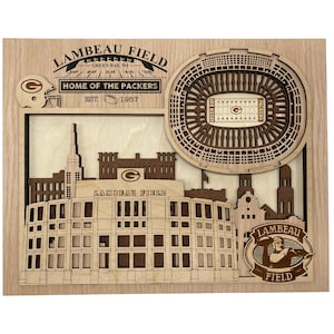 Lambeau Field - Home of the Green Bay Packers- Layered Wooden Stadium with Green Bay Skyline