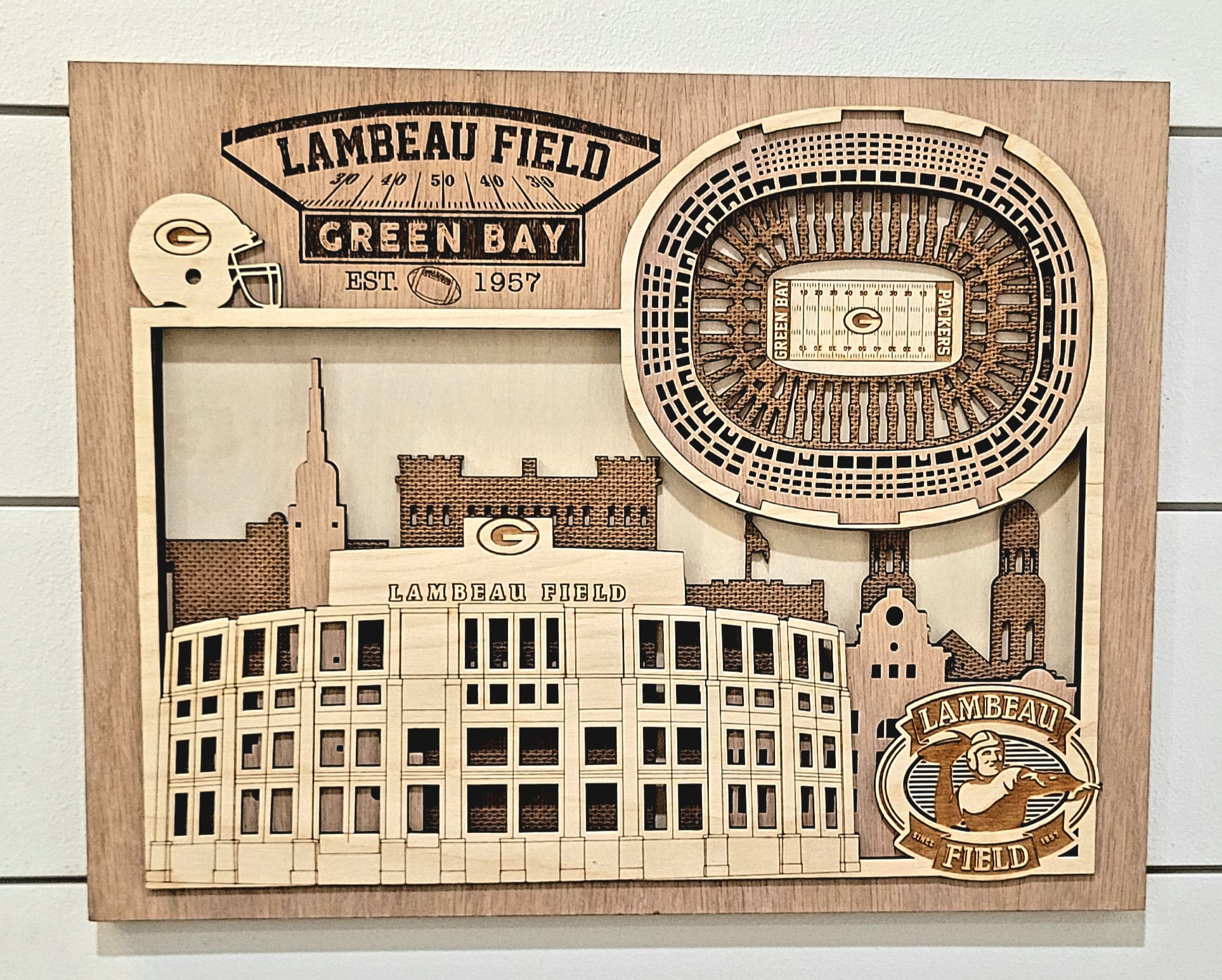 Lambeau Field Home of the Green Bay Packers Layered Wooden Stadium With