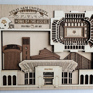 Kyle Field - Home of the Texas A&M Aggies - Layered Wooden Stadium Replica with College Station Skyline