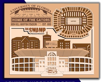 Ben Hill Griffin Stadium - Home of Florida Gators Football - Layered Wooden Stadium with Campus Skyline