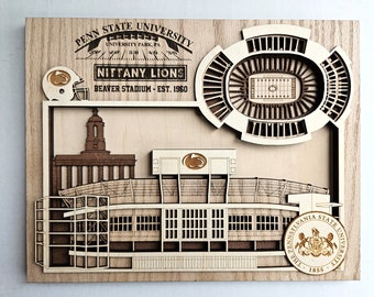 Beaver Stadium - Home of the Penn State Nittany Lions - Layered Wooden Stadium Replica with Campus Skyline