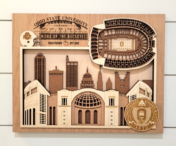Ohio Stadium - Home of the Ohio St. Buckeyes - Layered Wooden Stadium with Columbus Skyline