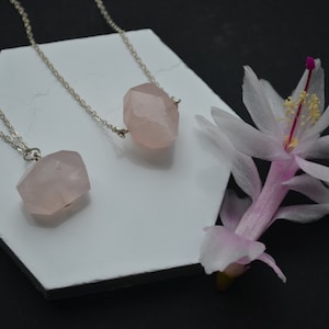 Könnte beinhalten: Zwei silberne Halsketten mit rosa Rosenquarz-Anhängern auf einem weißen sechseckigen Präsentationsständer. Eine rosa Blume befindet sich auf der rechten Seite des Bildes.