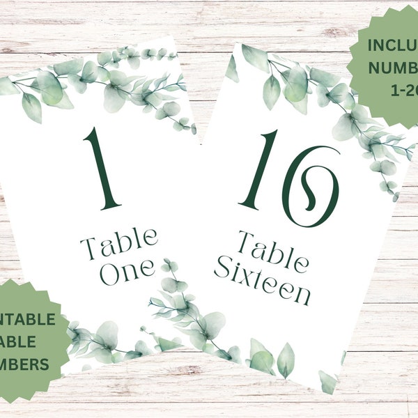 Table Numbers, Wedding, Greenery, Events, Outdoor Party,  Numbers 1-20, Digital Download, Printable Table Numbers, Plants, Green