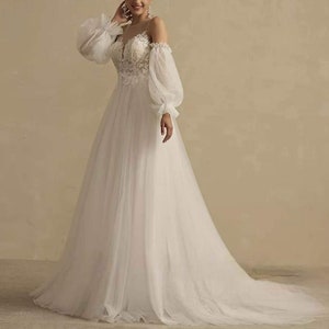 Tulle wedding dress with detachable sleeves, plus size dress, custom made image 5