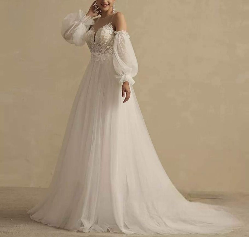 Tulle wedding dress with detachable sleeves, plus size dress, custom made image 5