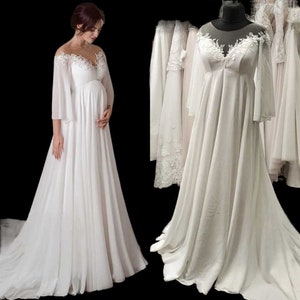 Chiffon maternity wedding dress, wedding dress for pregnant women, off the shoulder maternity dress, long sleeves dress