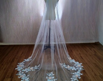 Wedding veil, lace appliques  bridal veil, beaded lace edge veil, pink and blue 3D flowers bridal veil