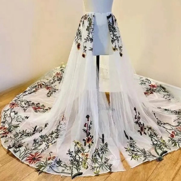 Tulle lace appliques detachable train, wedding dress removable skirt, bridal dress overskirt, colourful detachable train