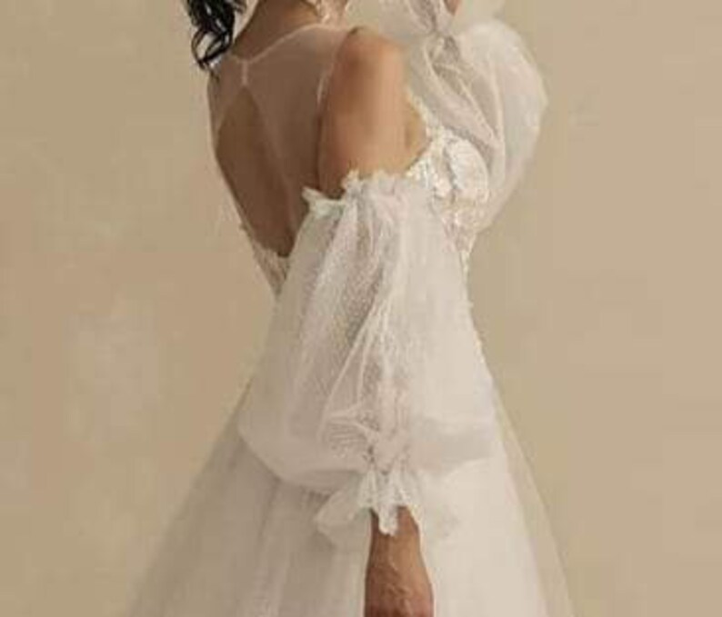 Tulle wedding dress with detachable sleeves, plus size dress, custom made image 2