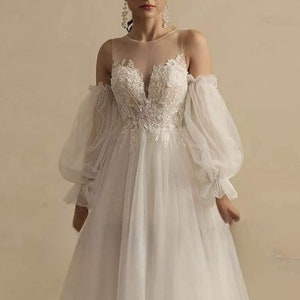 Tulle wedding dress with detachable sleeves, plus size dress, custom made image 3