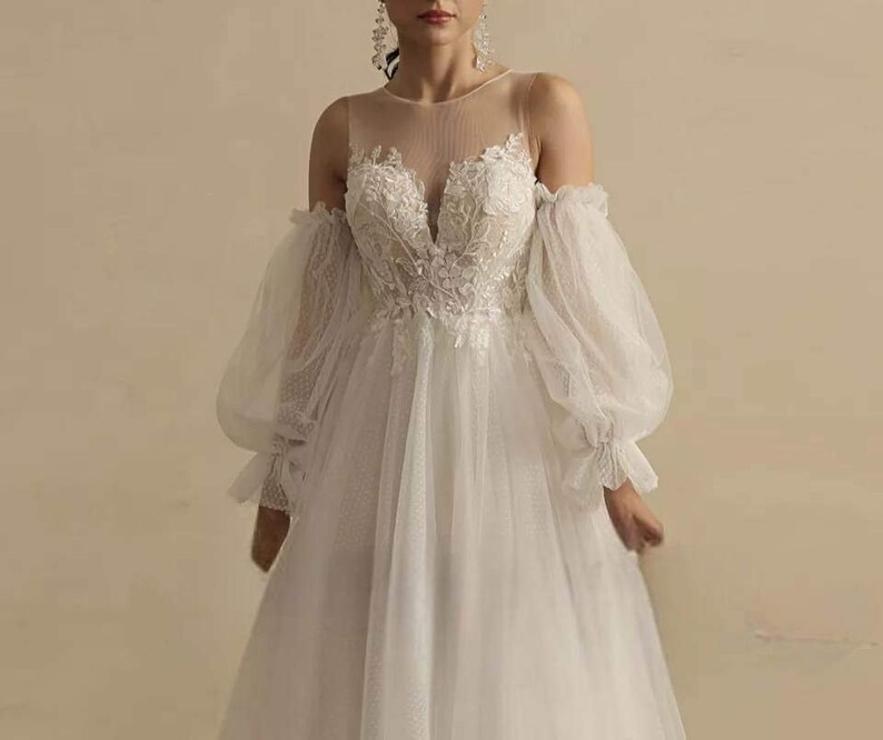 Tulle wedding dress with detachable sleeves, plus size dress, custom made image 3
