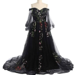 Floral  lace gothic wedding dress, colour flowers appliques  bridal gown, custom made, plus size