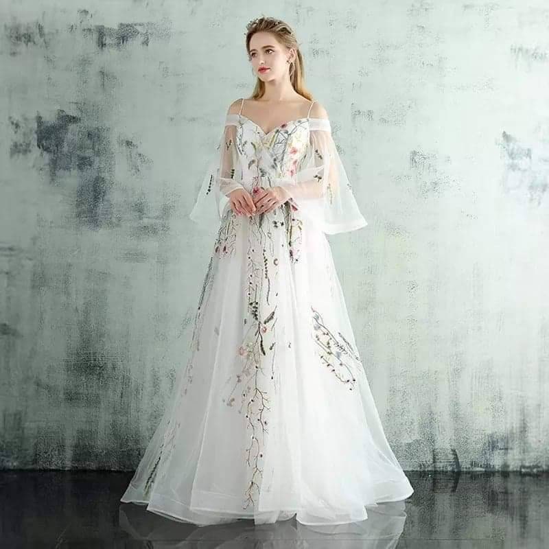 Floral Wedding Dress Wedding Gown Boat Neck Flare Sleeves - Etsy