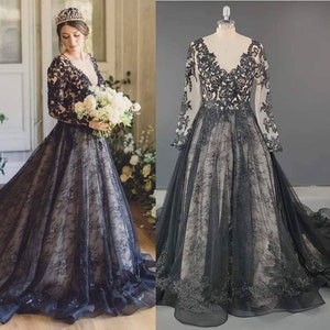 Black lace gothic wedding dress, gothic formal dress, evening, lace wedding dress, bride dress, party black dress