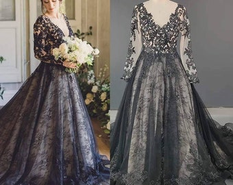 Black lace gothic wedding dress, gothic formal dress, evening, lace wedding dress, bride dress, party black dress