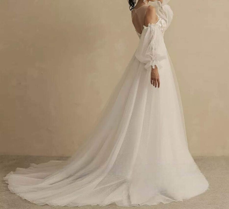 Tulle wedding dress with detachable sleeves, plus size dress, custom made image 6