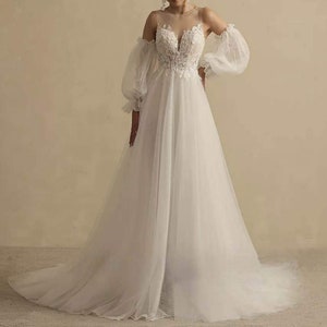 Tulle wedding dress with detachable sleeves, plus size dress, custom made image 7