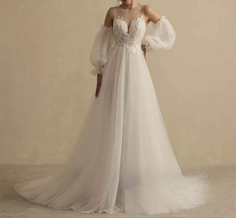 Tulle wedding dress with detachable sleeves, plus size dress, custom made image 7