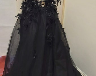 Gothic vintage black wedding dress,  straps wedding gown, A-line Silhouette bridal dress, Fairytale bridal gown